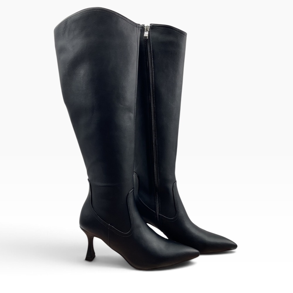 G.C.shoes Vanessa Black Faux Leather Pointed Toe Knee High Architectural Kitten